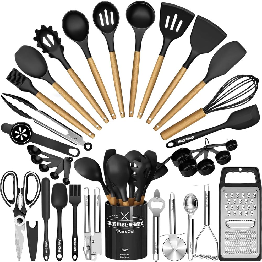 Kitchen Utensil Holder - キッチン用品セット - 34個入りシリコン製調理器具セット、ホルダー付き、耐熱、黒木ハンドル、ガジェットツールセット