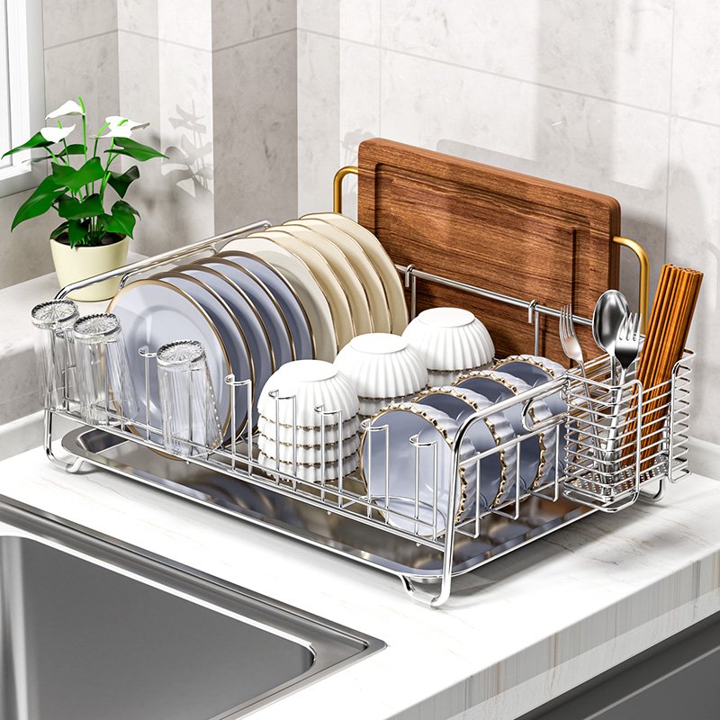 Kitchen Utensil Holder - ステンレス鋼304製キッチン収納ラック、食器乾燥かご、ボウル・プレート水切りスタンド、調理器具ホルダー、カウンター上オーガナイザー