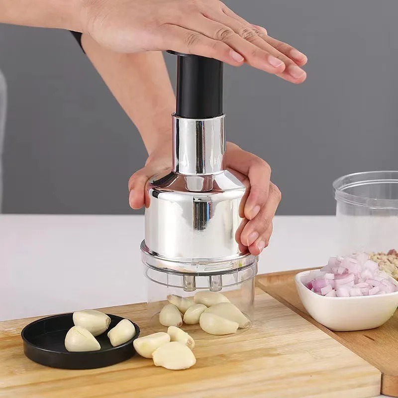 Kitchen Gadgets Vegetable Chopper - 新しいステンレス製ガーリックプレスと玉ねぎチョッパー、多機能手動野菜クラッシャー、ファーストフードの調理に便利なキッチンツール